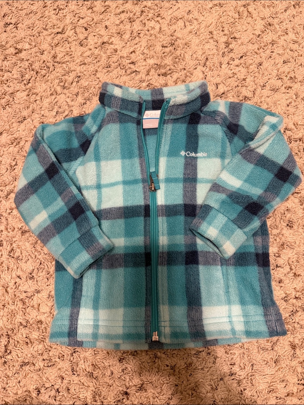 Columbia Turquoise and Navy Plaid Fleece Jacket